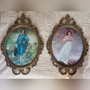 Vintage Pair of Blue Boy and Pinkie Glass Prints in Brass Frames